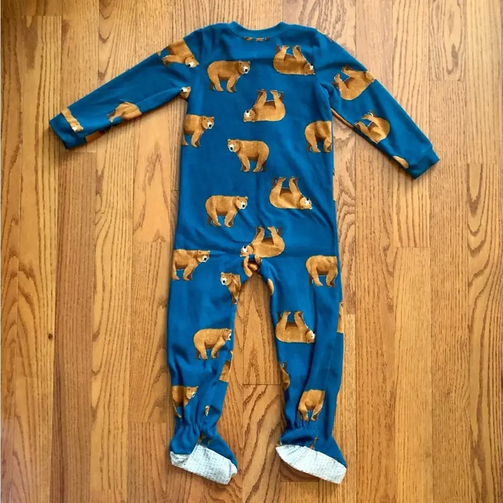 Carter's 1-Piece Bear Print Fleece Footie Teal Brown Pajamas Little Boy’s Size 5